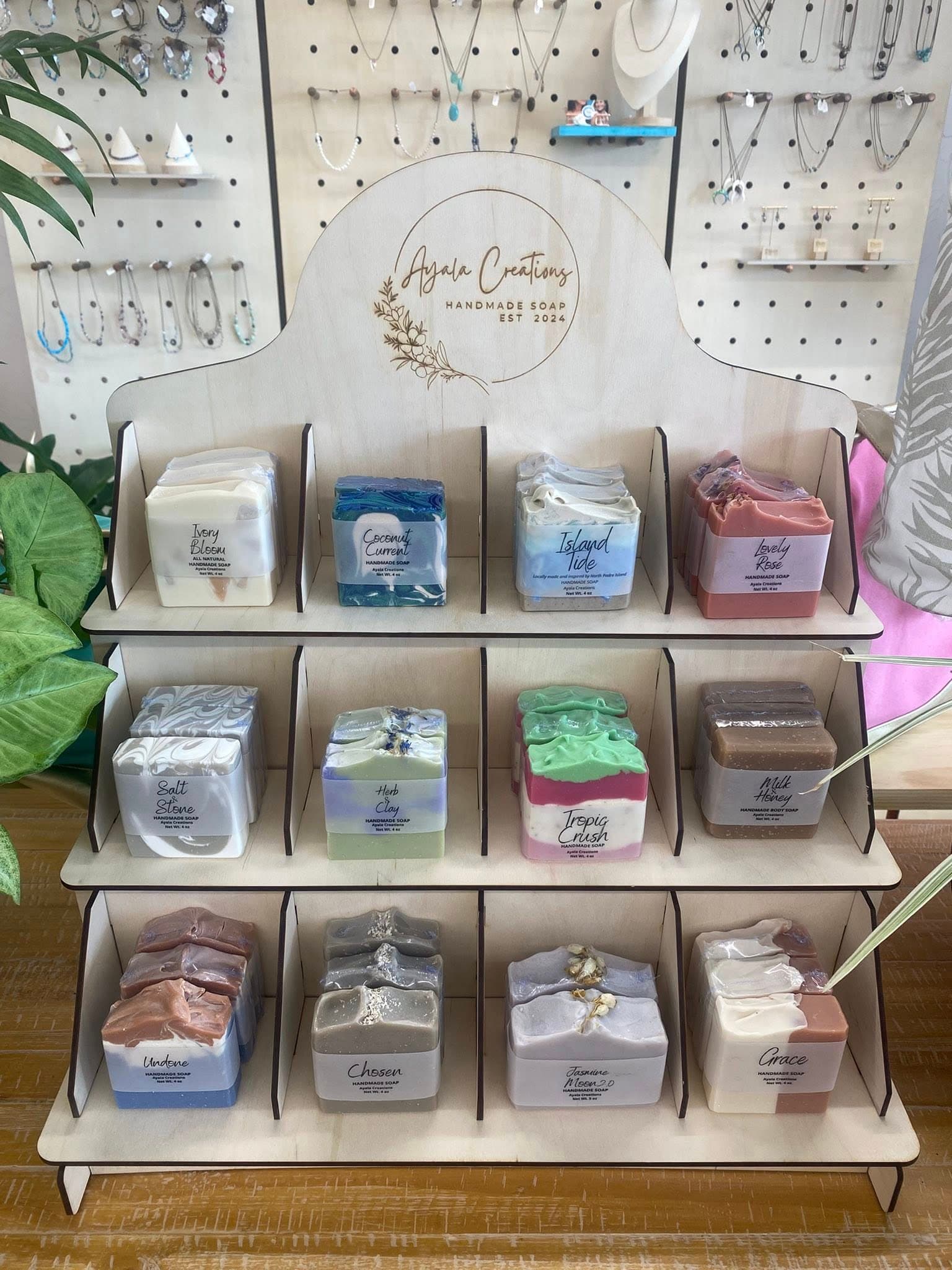 Ayala Creations handmade soap display — botanical cold process soaps